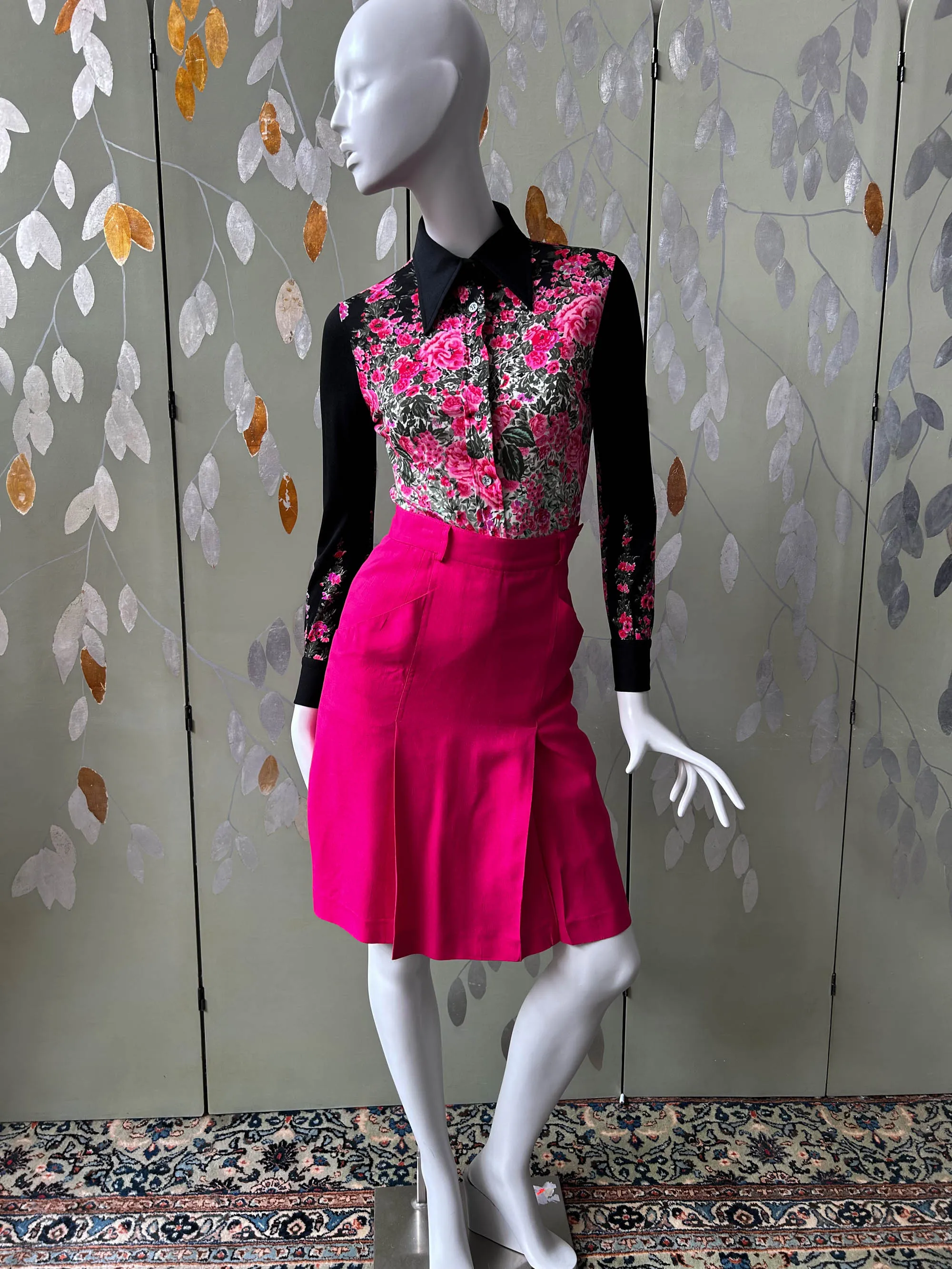 1970s Pink Floral Silk Jersey Blouse, Made in Italy, Small