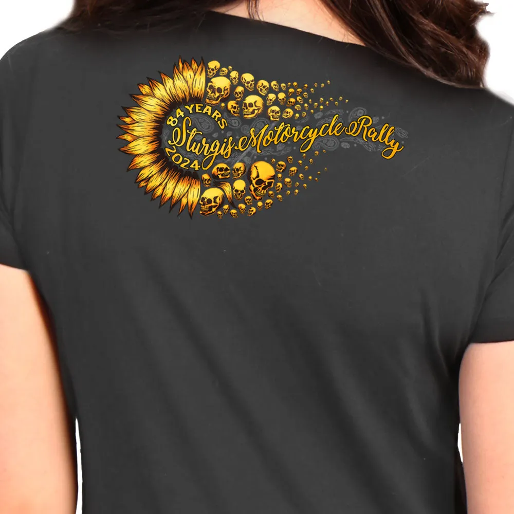 2024 Sturgis Motorcycle Rally Sunflower Skulls Ladies Charcoal Tee Shirt SPL1889