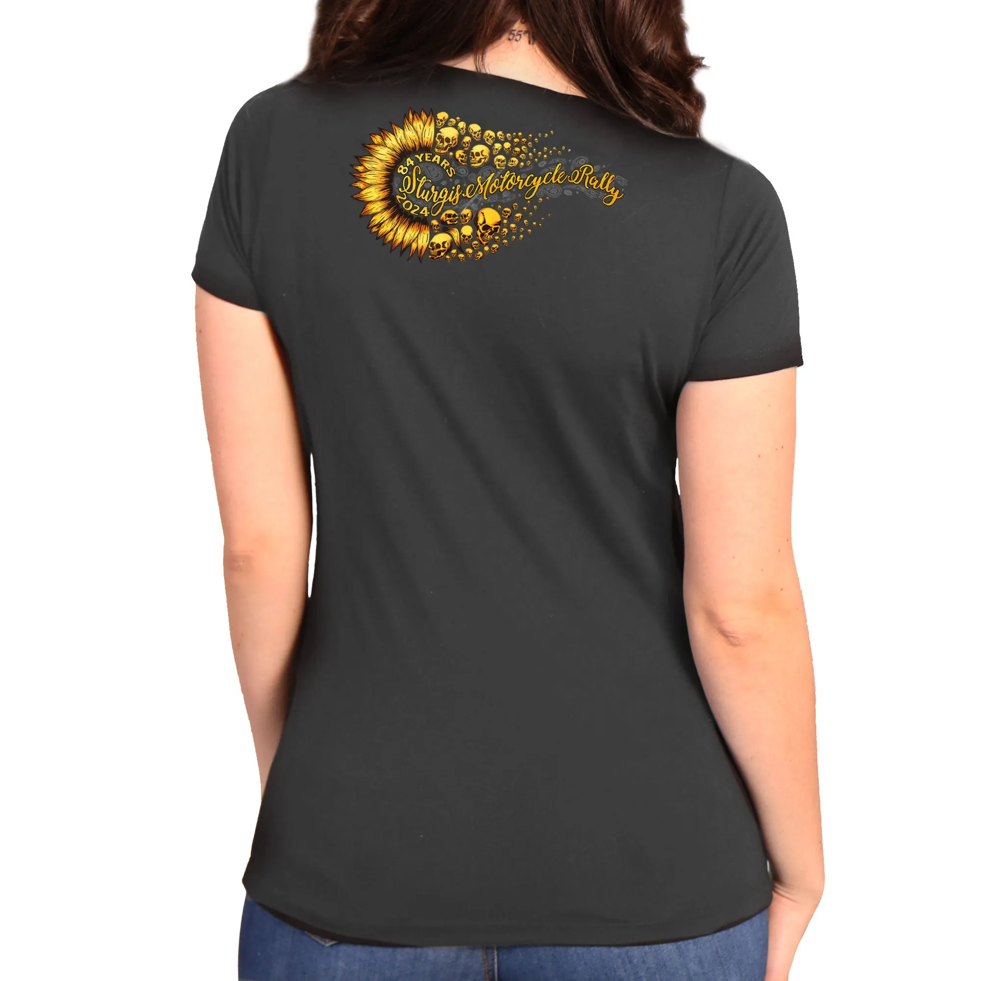 2024 Sturgis Motorcycle Rally Sunflower Skulls Ladies Charcoal Tee Shirt SPL1889