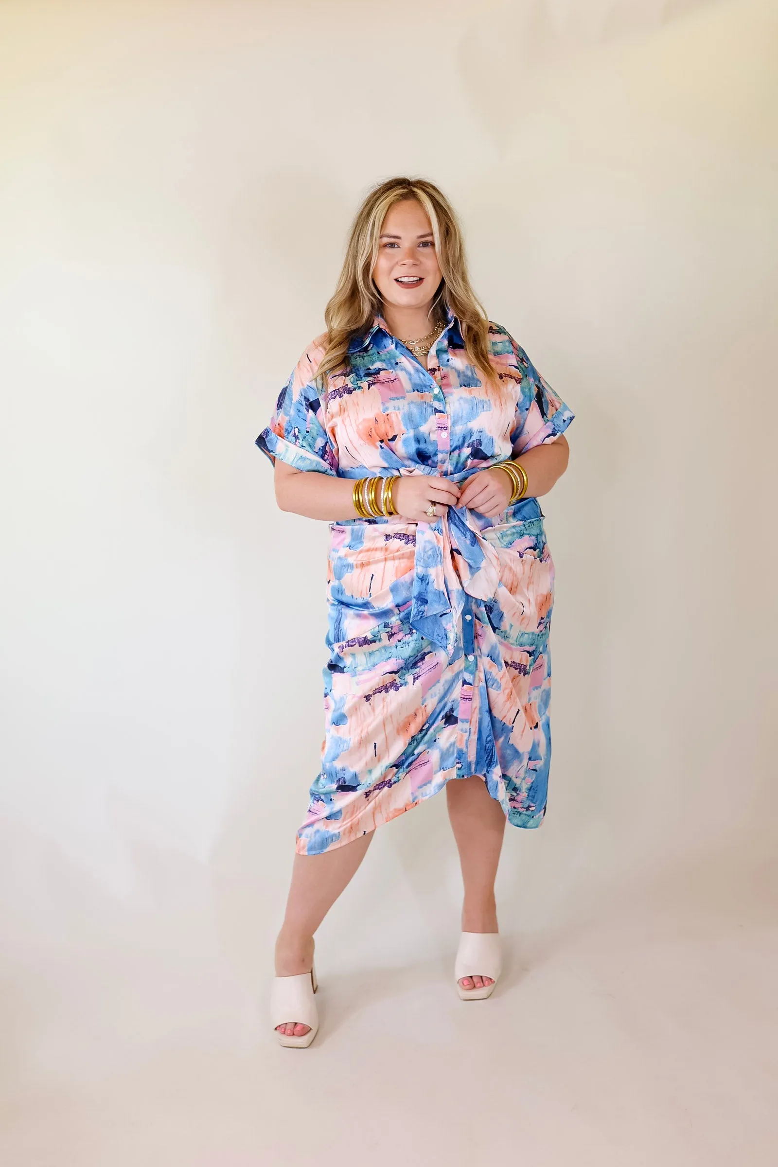 Abstract Meetings Collared Button Up Midi Dress With a Tied Waist in Blue and Coral Pink