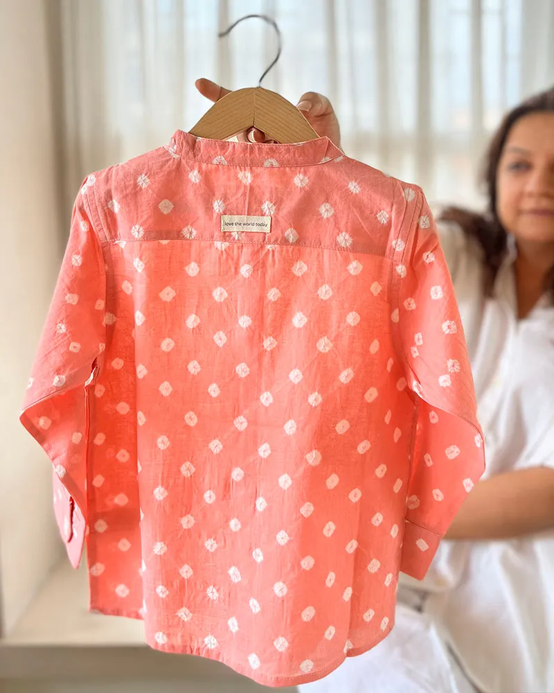 Barefoot Boy’ mandarin collar blush peach bandhani cotton full sleeve shirt