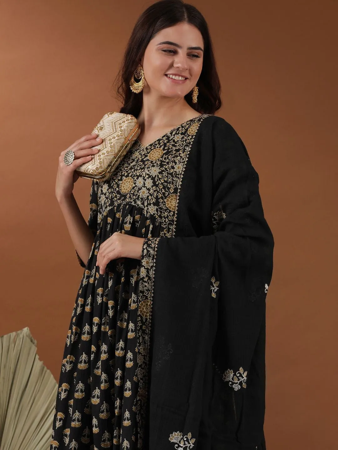 Black Floral Printed Thread Work A-Line Kurta With Palazzos & Dupatta