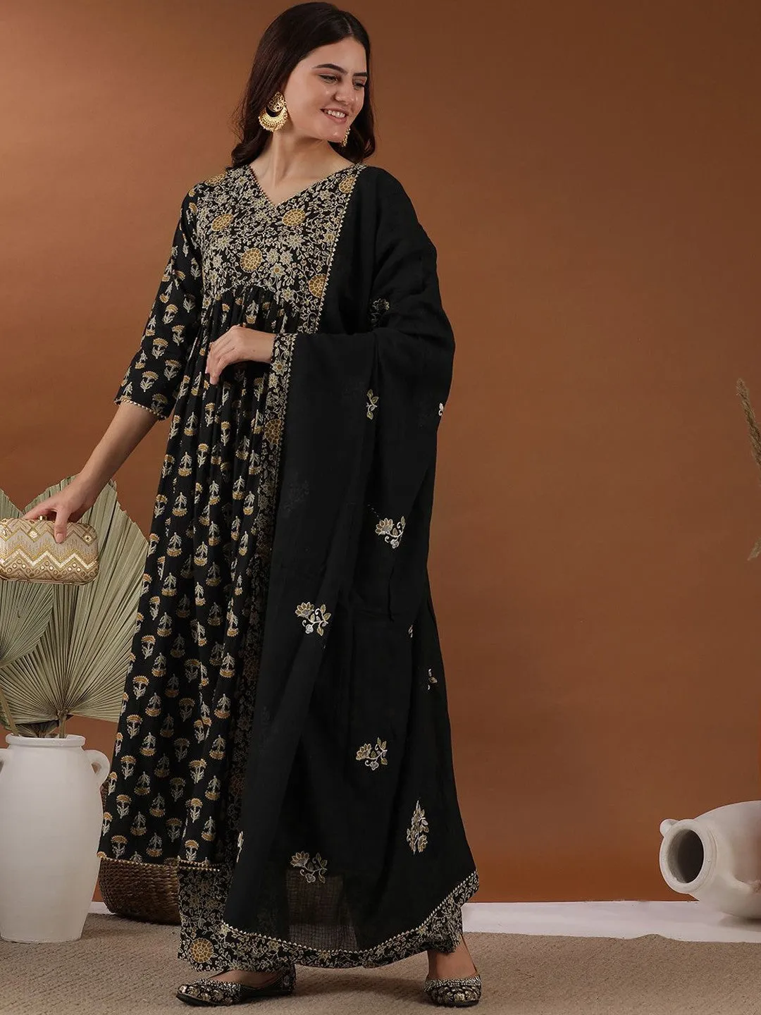 Black Floral Printed Thread Work A-Line Kurta With Palazzos & Dupatta