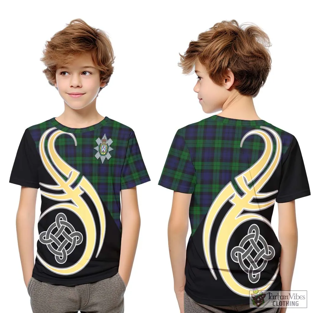 Black Watch Tartan Kid T-Shirt with Family Crest and Celtic Symbol Style