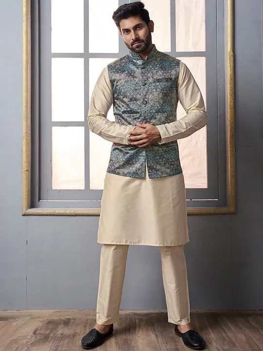 Blue Floral Printed Nehru Jacket