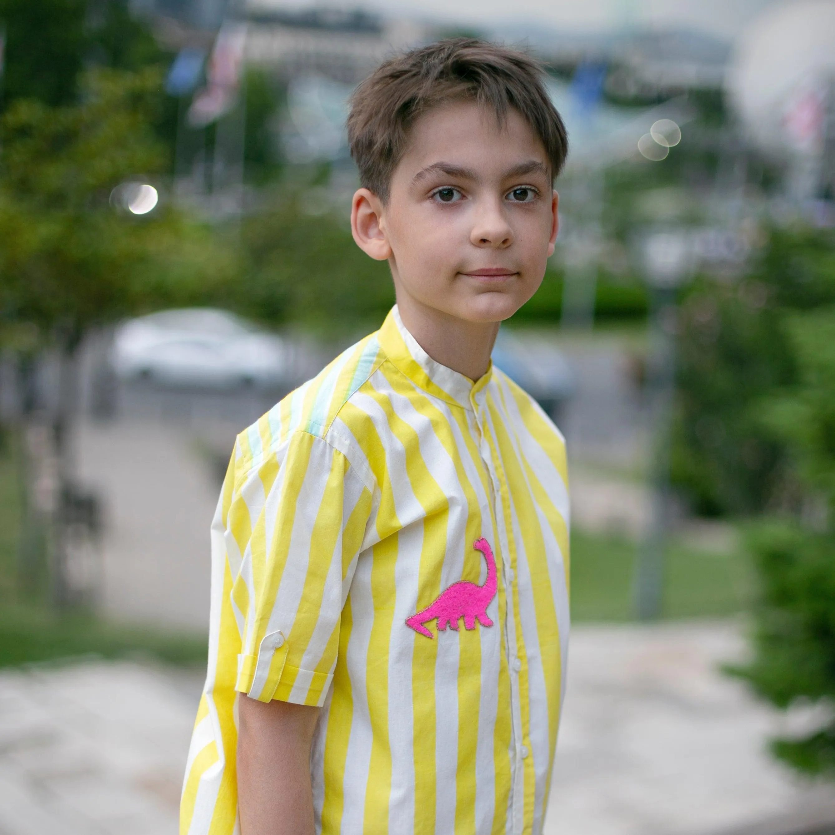 Classique- Yellow and White Striped Shirt with Mandarin Collar for Boys