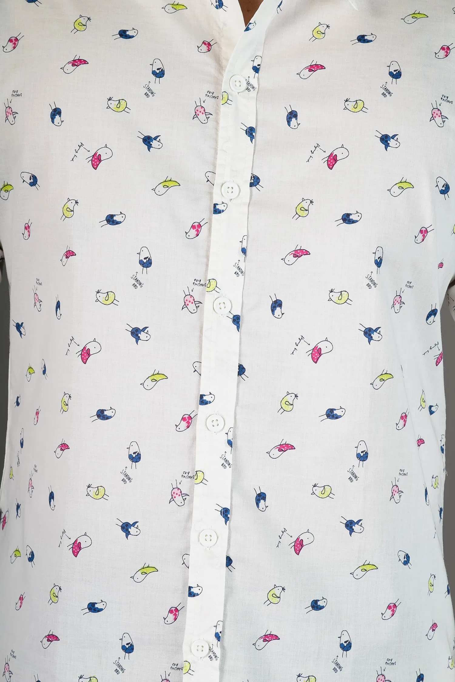 Cotton Bird Print White Slim-Fit Mens Long Sleeve Shirt