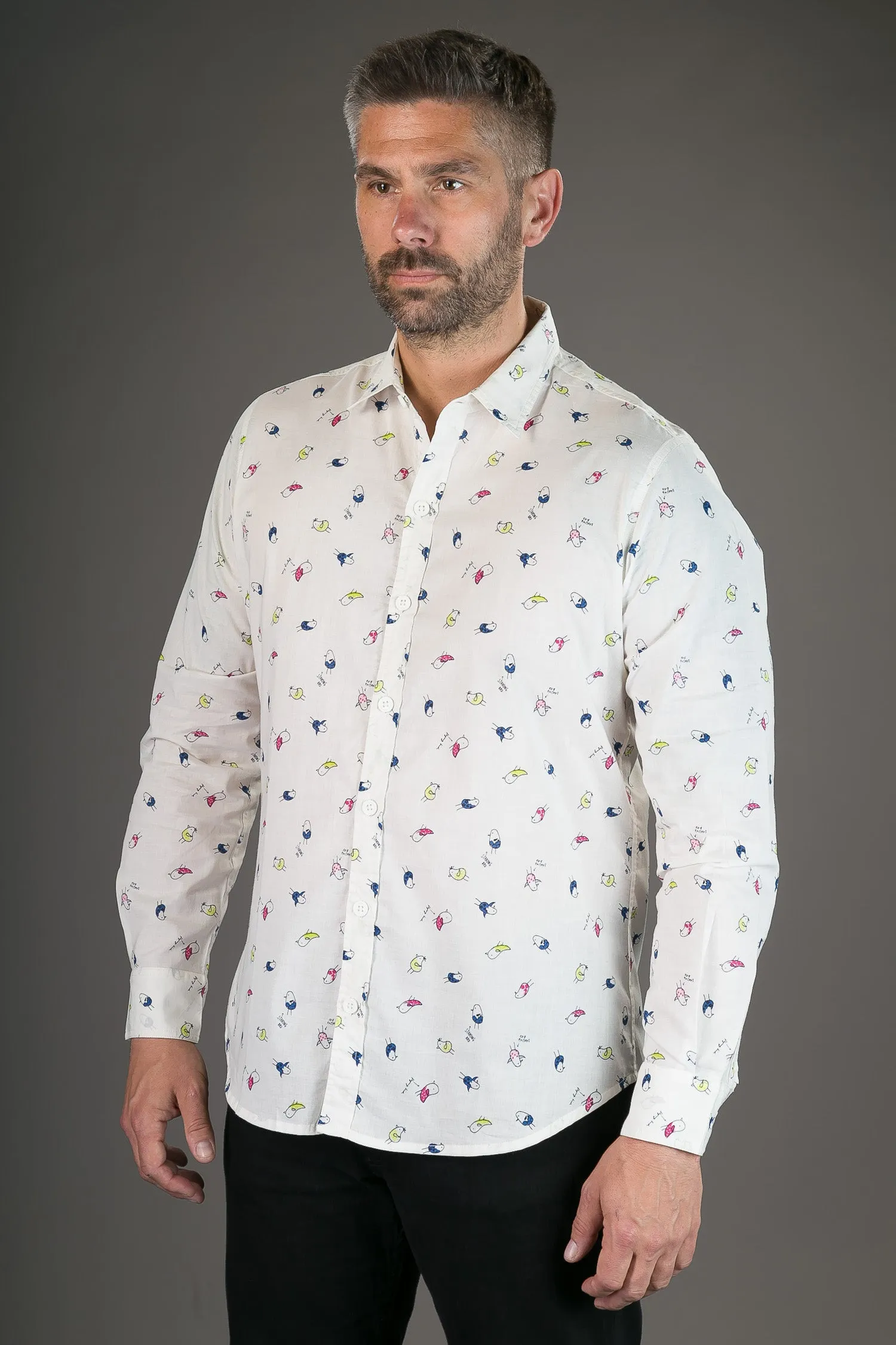 Cotton Bird Print White Slim-Fit Mens Long Sleeve Shirt