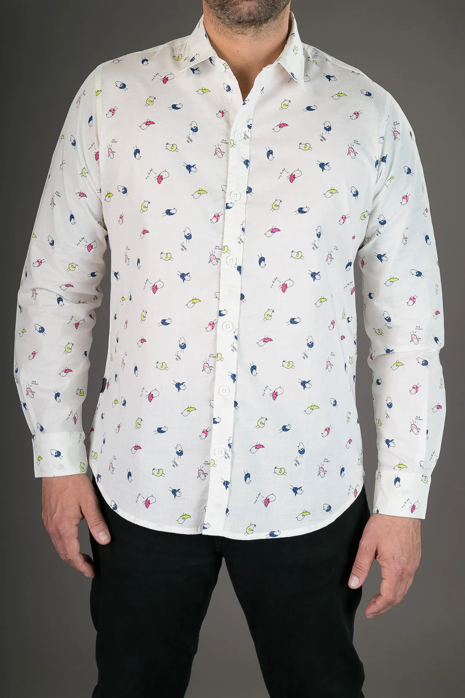 Cotton Bird Print White Slim-Fit Mens Long Sleeve Shirt