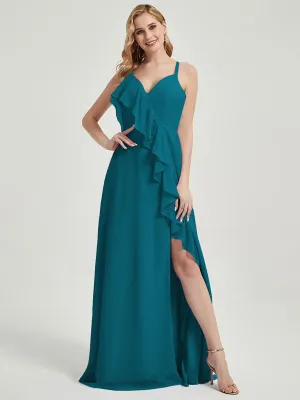 Criss-Cross Straps Ruffles Slit Chiffon Maxi Bridesmaid Dress Teal