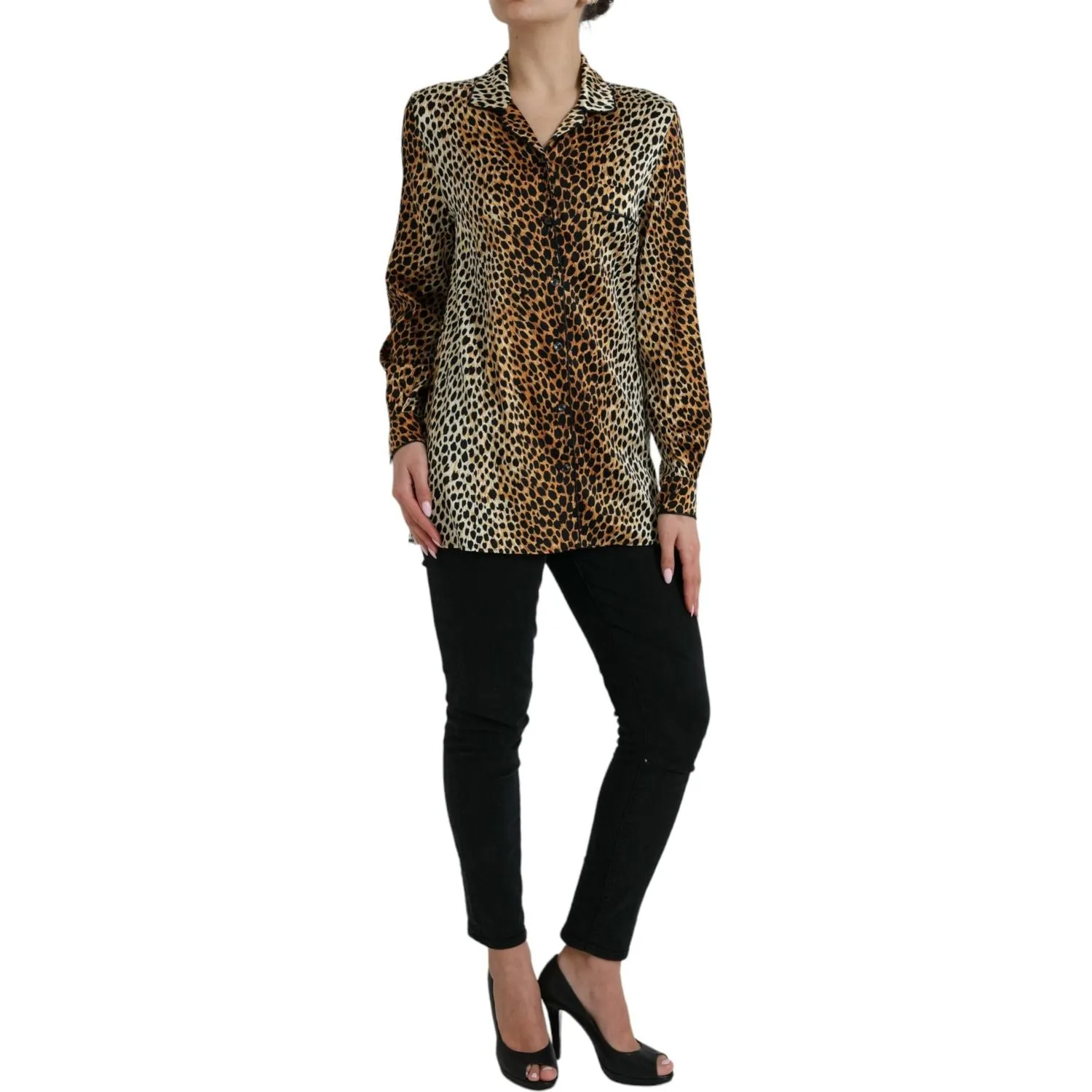 Dolce & Gabbana Elegant Brown Animal Print Silk Blouse