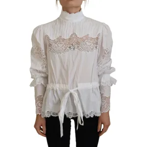 Dolce & Gabbana Elegant White Lace Trim Cotton Blouse