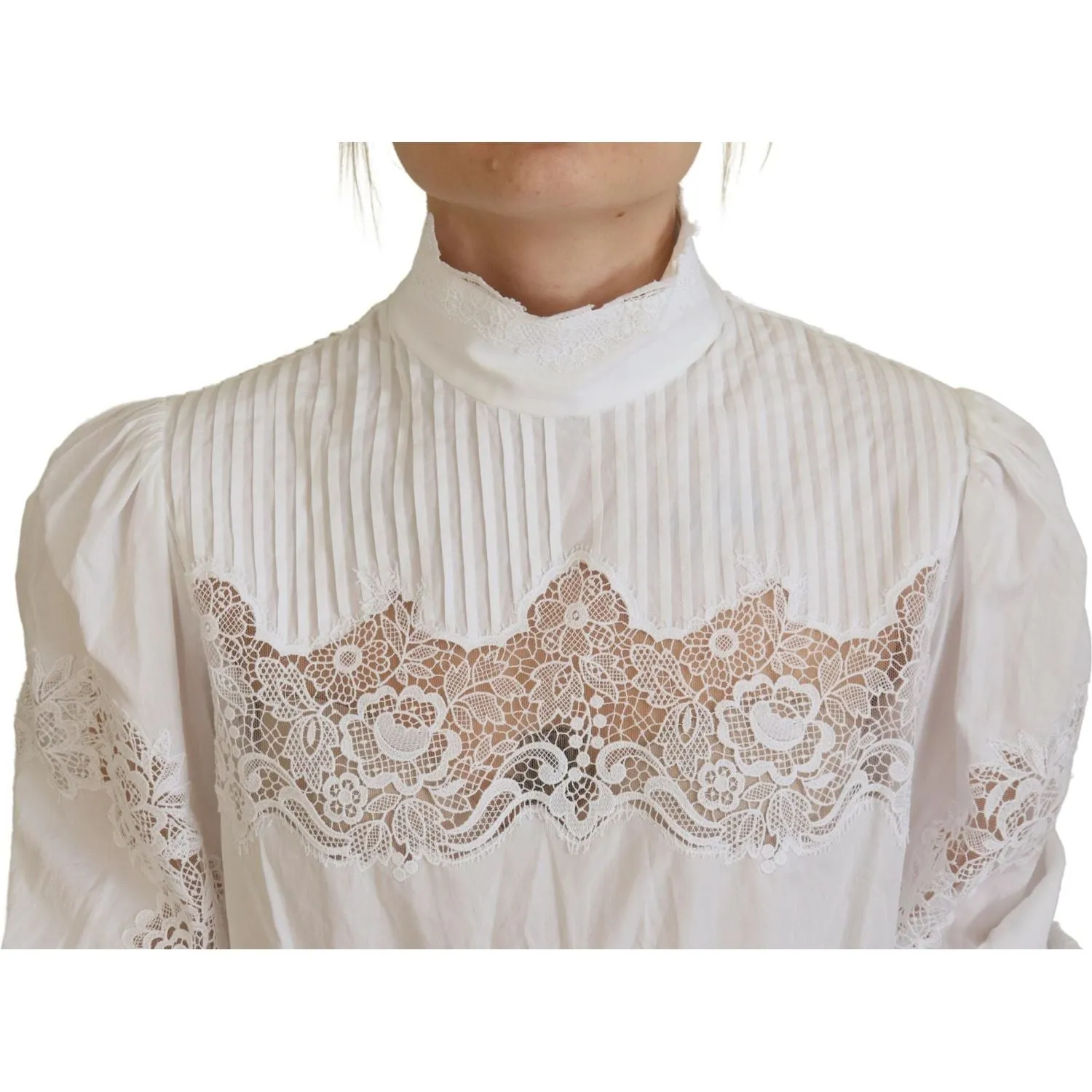 Dolce & Gabbana Elegant White Lace Trim Cotton Blouse