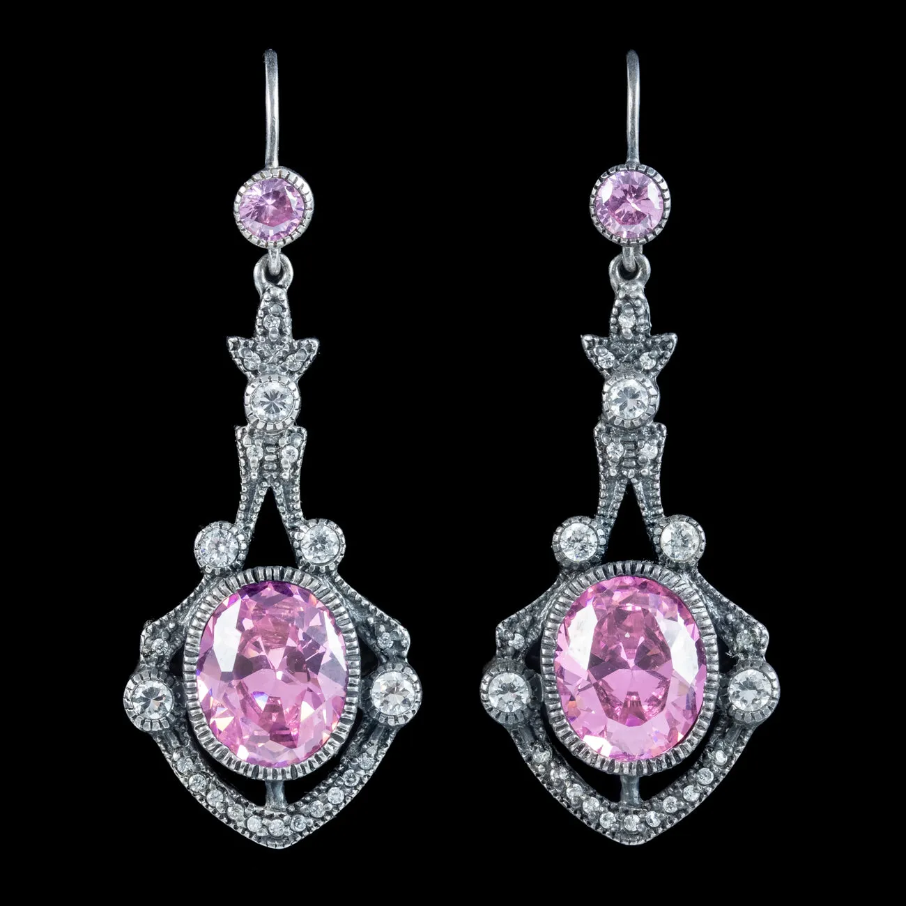 Edwardian Style Pink CZ Drop Earrings Sterling Silver