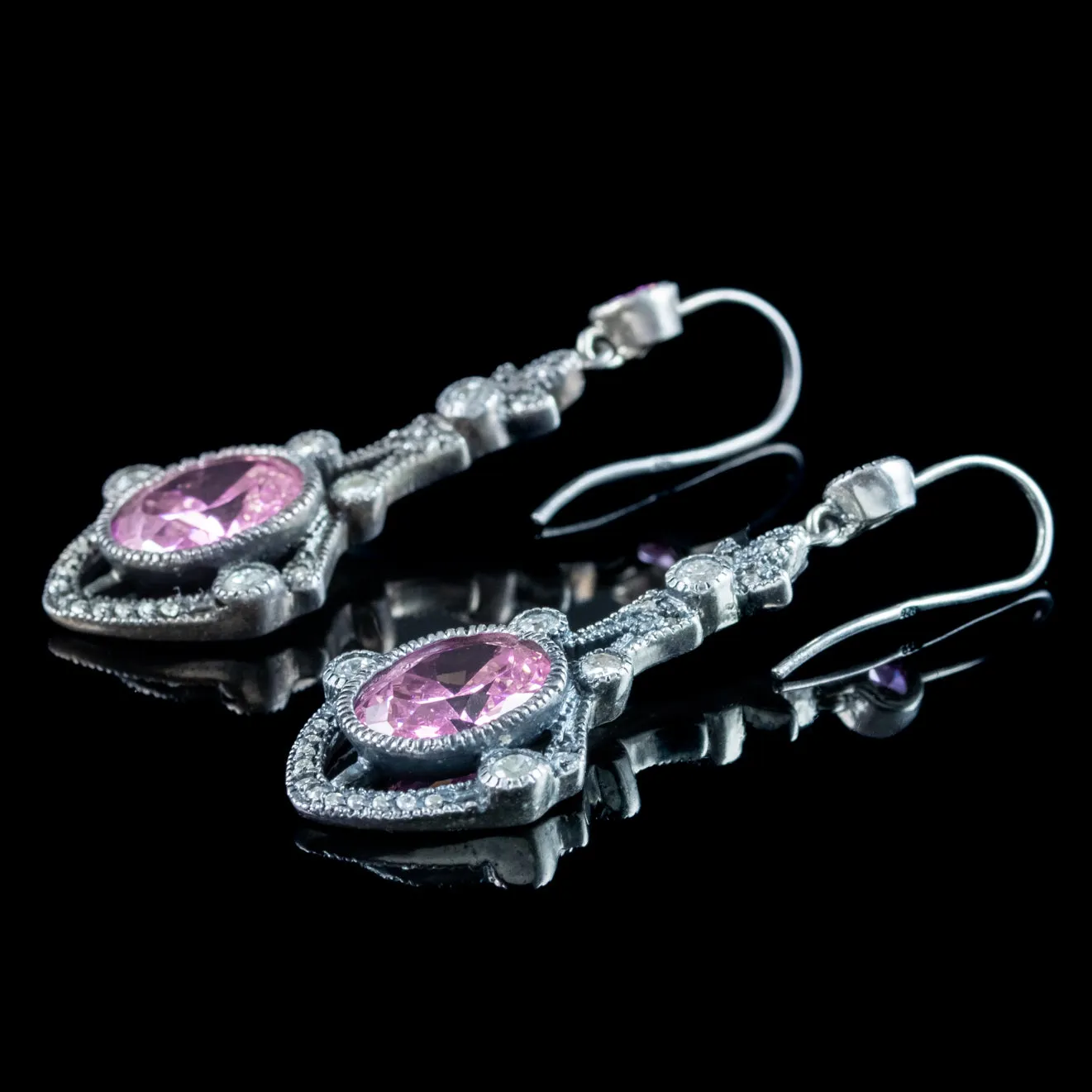 Edwardian Style Pink CZ Drop Earrings Sterling Silver