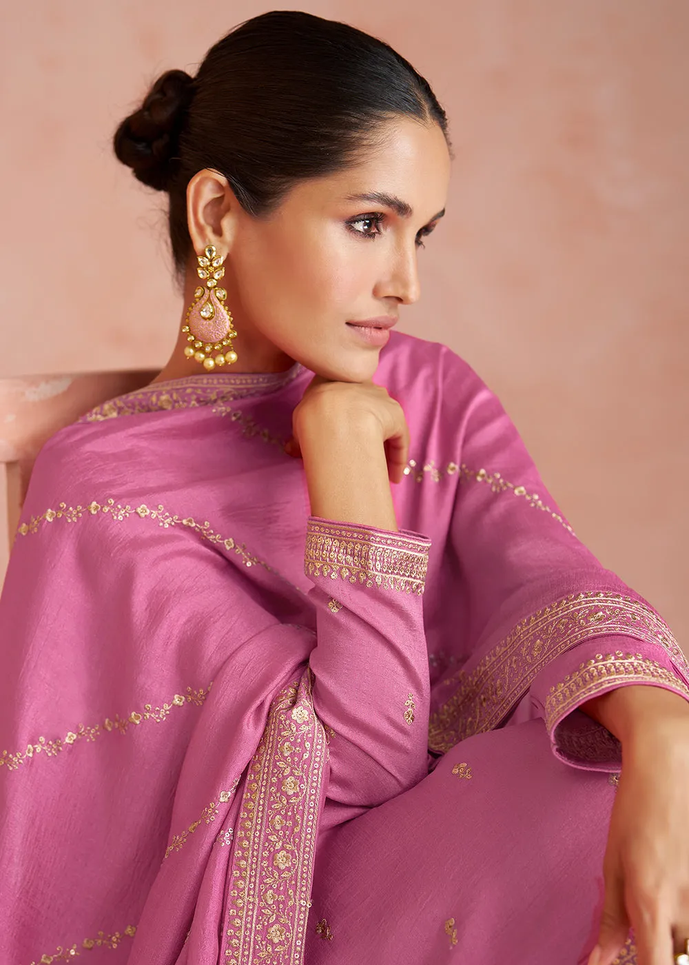 Elegant Soft Pink Silk Embroidered Palazzo Salwar Kameez