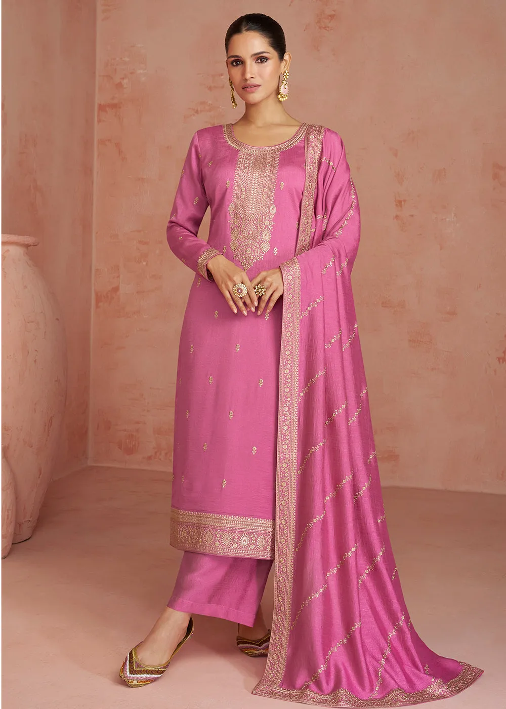 Elegant Soft Pink Silk Embroidered Palazzo Salwar Kameez