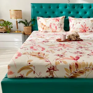 Fitted King Size Cotton Bedsheet - Floral Feast Peach