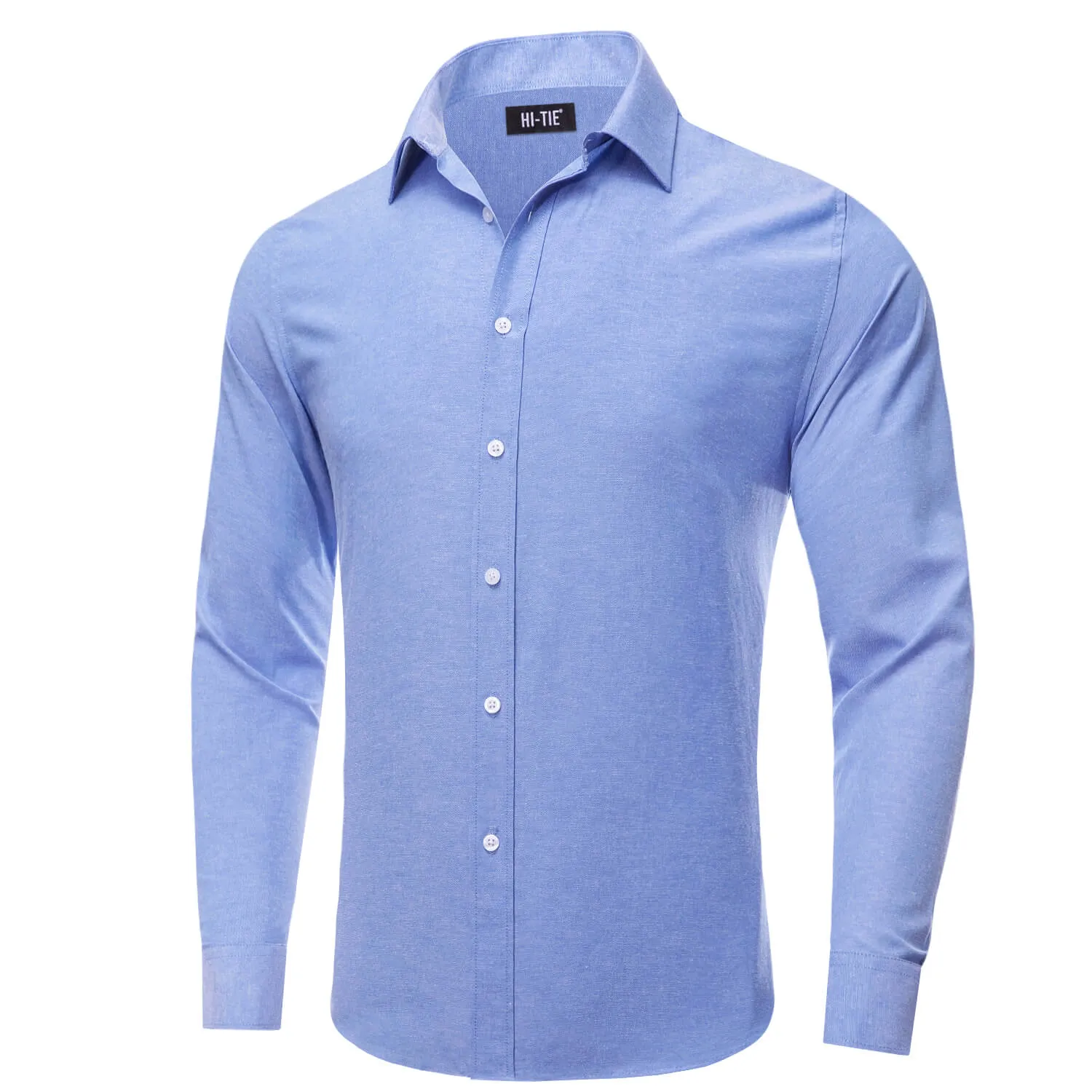 Hi-Tie Button Down Shirt Cornflower Blue Solid Silk Men's Dress Shirt