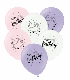 Kalisan 12" Happy Birthday Unicorn printed Mix balloons in 3 colors, Latex Balloon, 25 pieces