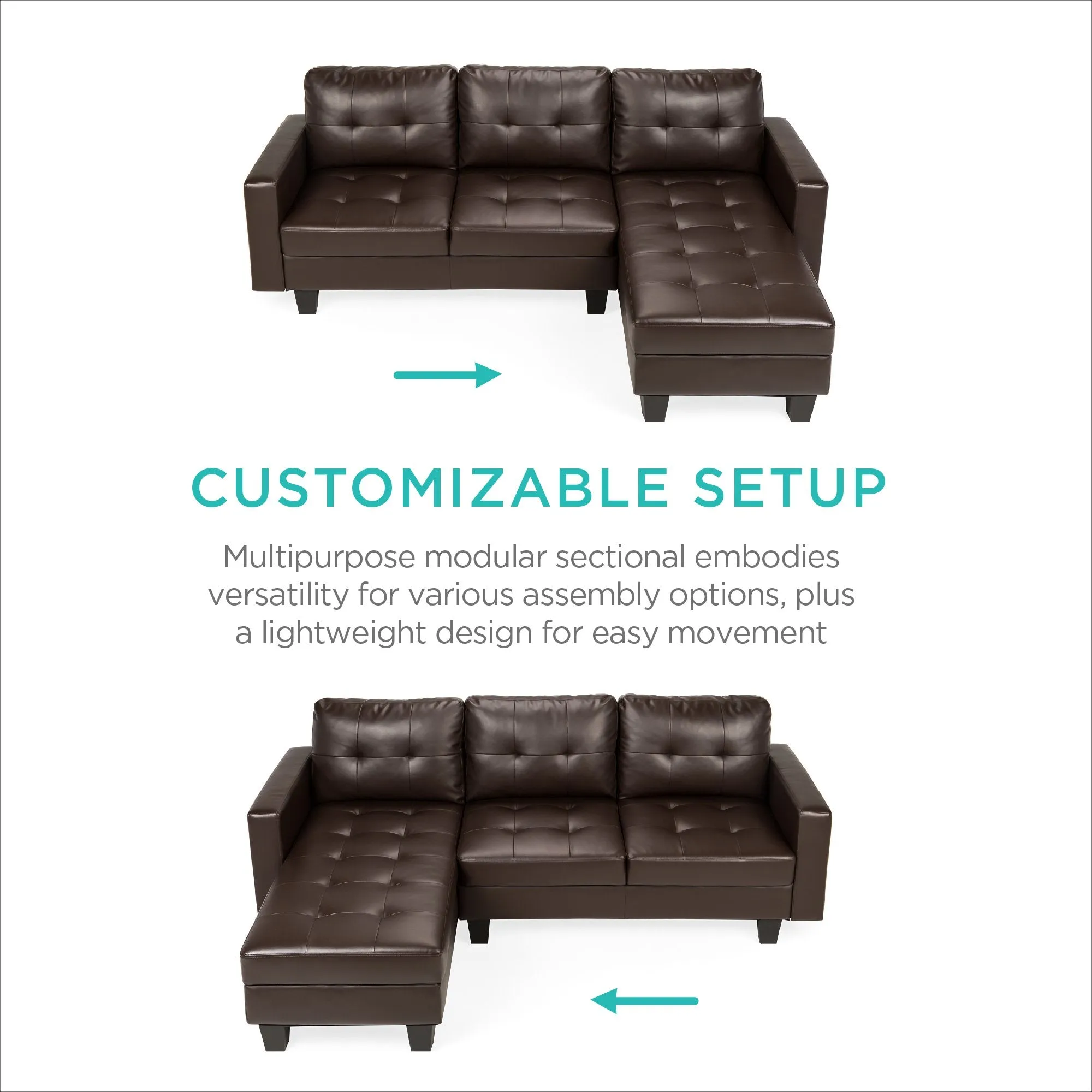 L-Shape Customizable Faux Leather Sofa Set w/ Ottoman Bench