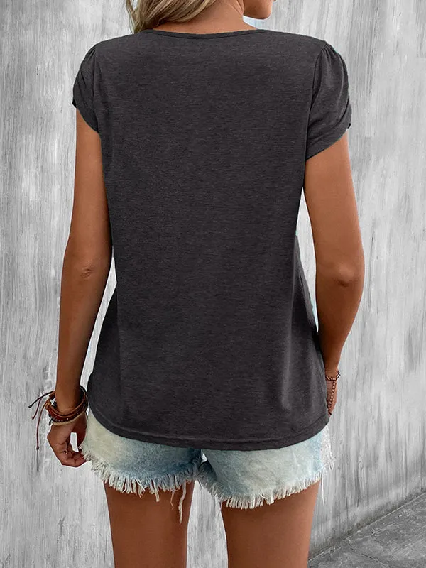 Loose Short Sleeves Solid Color V-Neck T-Shirts Tops