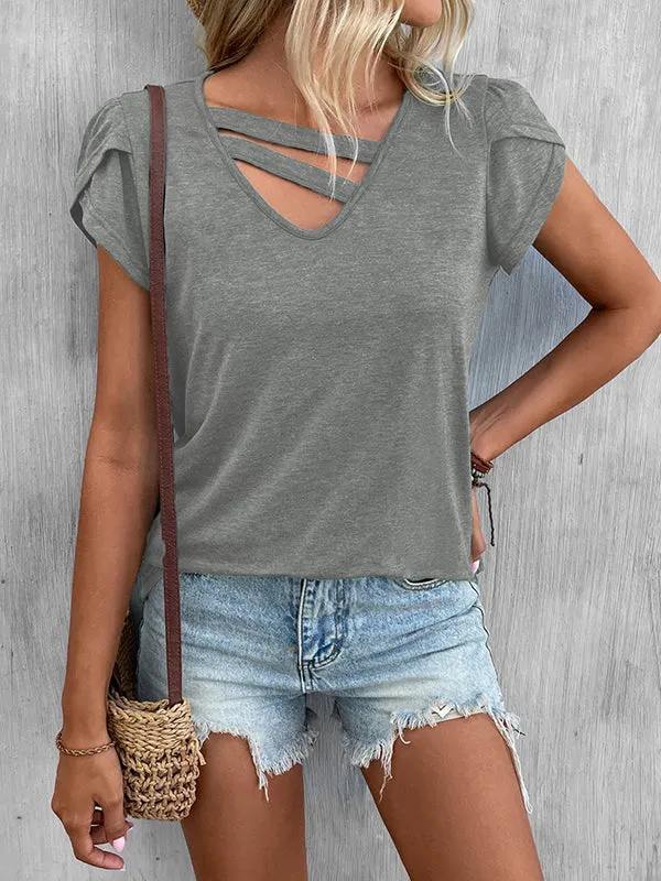 Loose Short Sleeves Solid Color V-Neck T-Shirts Tops