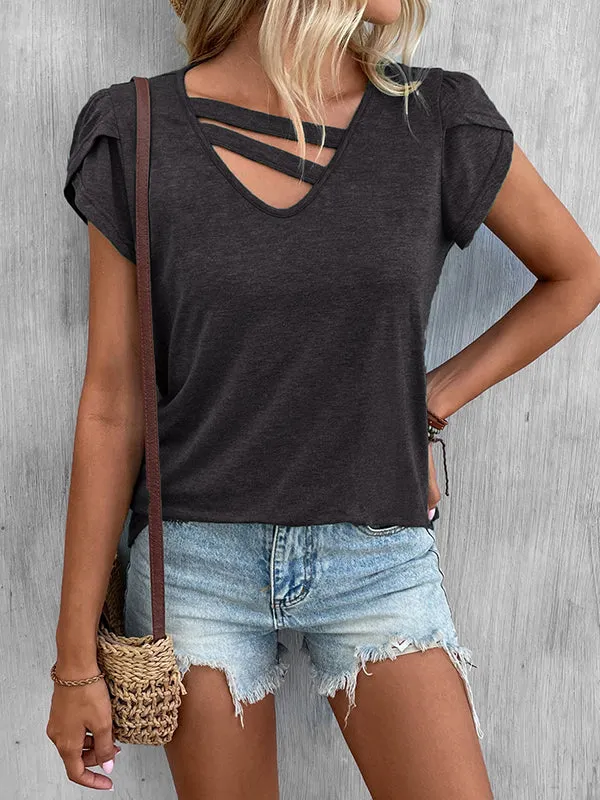 Loose Short Sleeves Solid Color V-Neck T-Shirts Tops