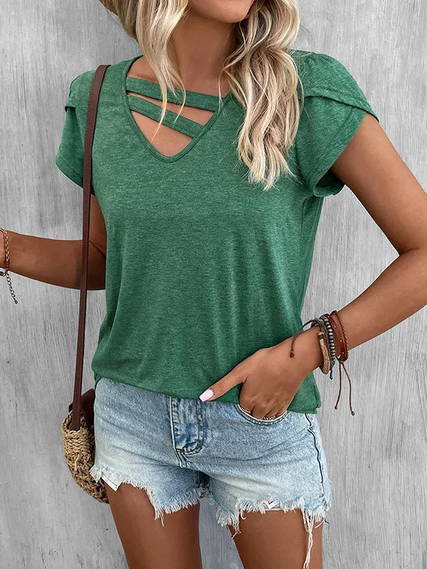 Loose Short Sleeves Solid Color V-Neck T-Shirts Tops