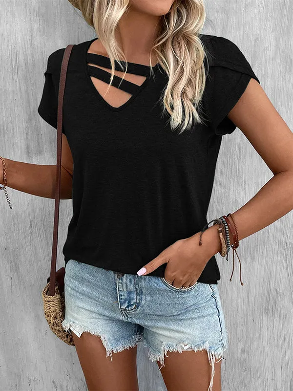 Loose Short Sleeves Solid Color V-Neck T-Shirts Tops