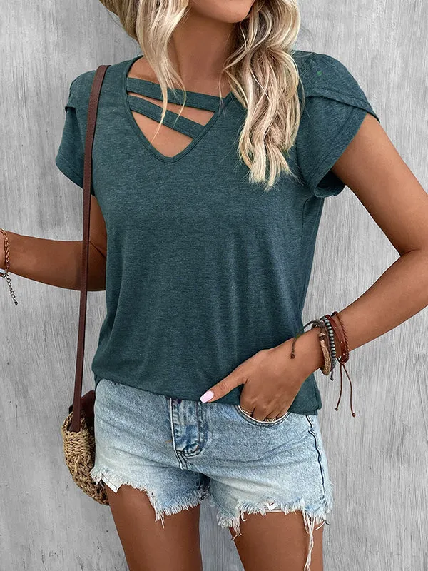 Loose Short Sleeves Solid Color V-Neck T-Shirts Tops