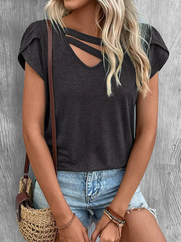 Loose Short Sleeves Solid Color V-Neck T-Shirts Tops