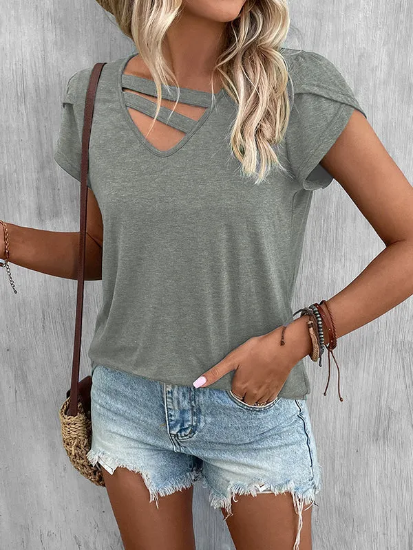 Loose Short Sleeves Solid Color V-Neck T-Shirts Tops