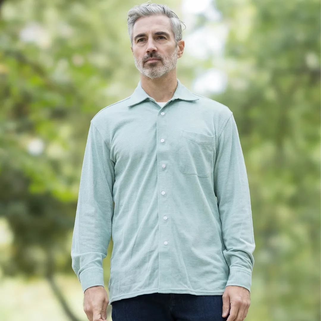 Magnetic Front Knit Oxford Pique Casual Shirt with Pocket in Ivy Green