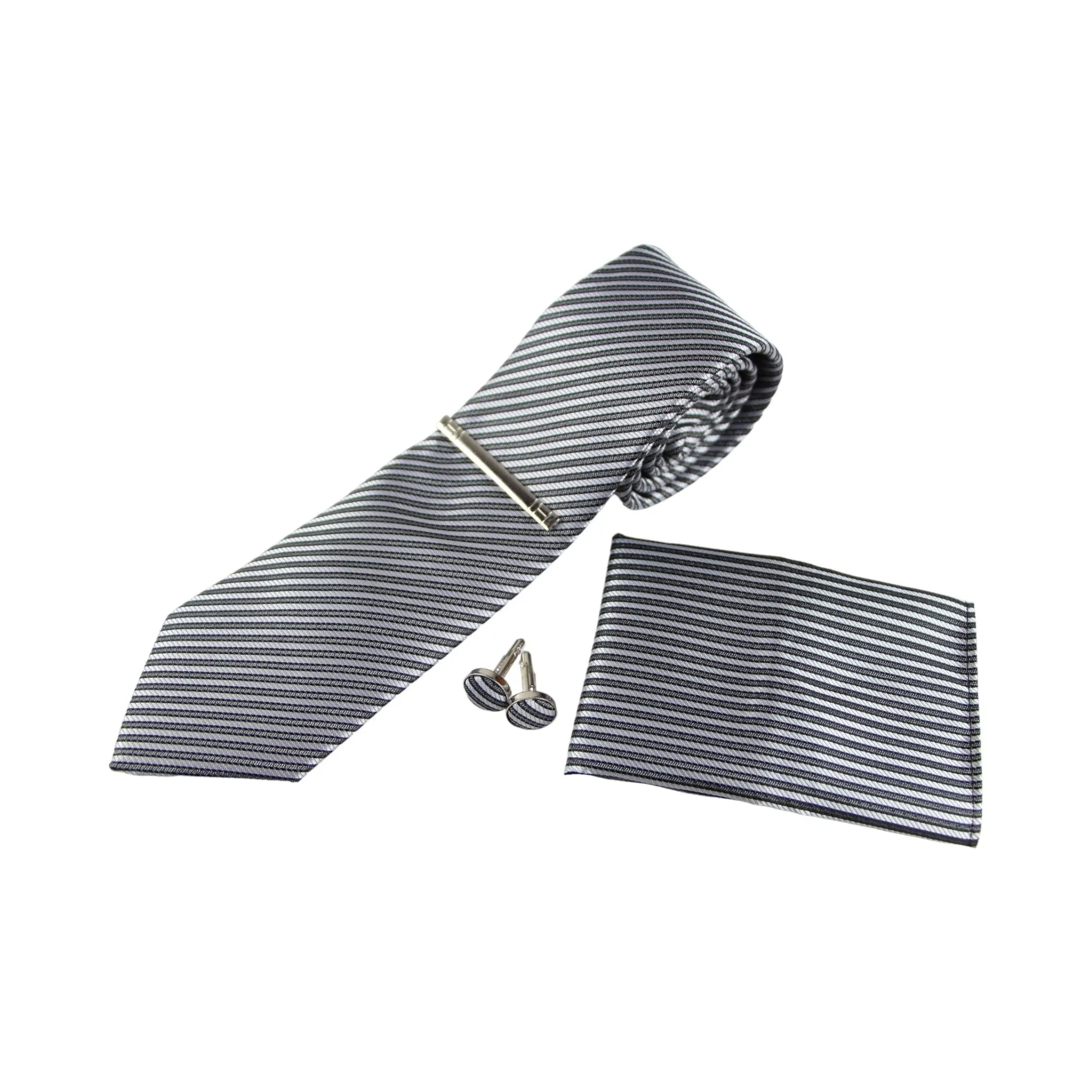 Mens Gunmetal & Silver Striped Matching Neck Tie, Pocket Square, Cuff Links And Tie Clip Set