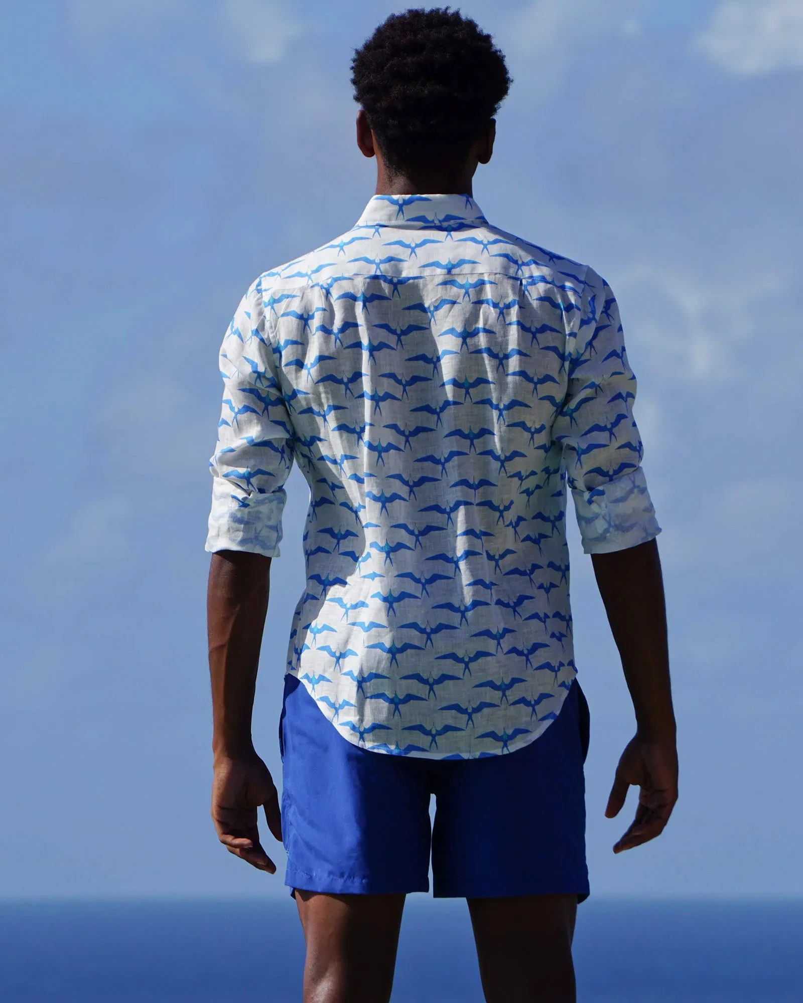 Mens Linen Shirt: FRIGATE BIRD - BLUE / TURQUOISE