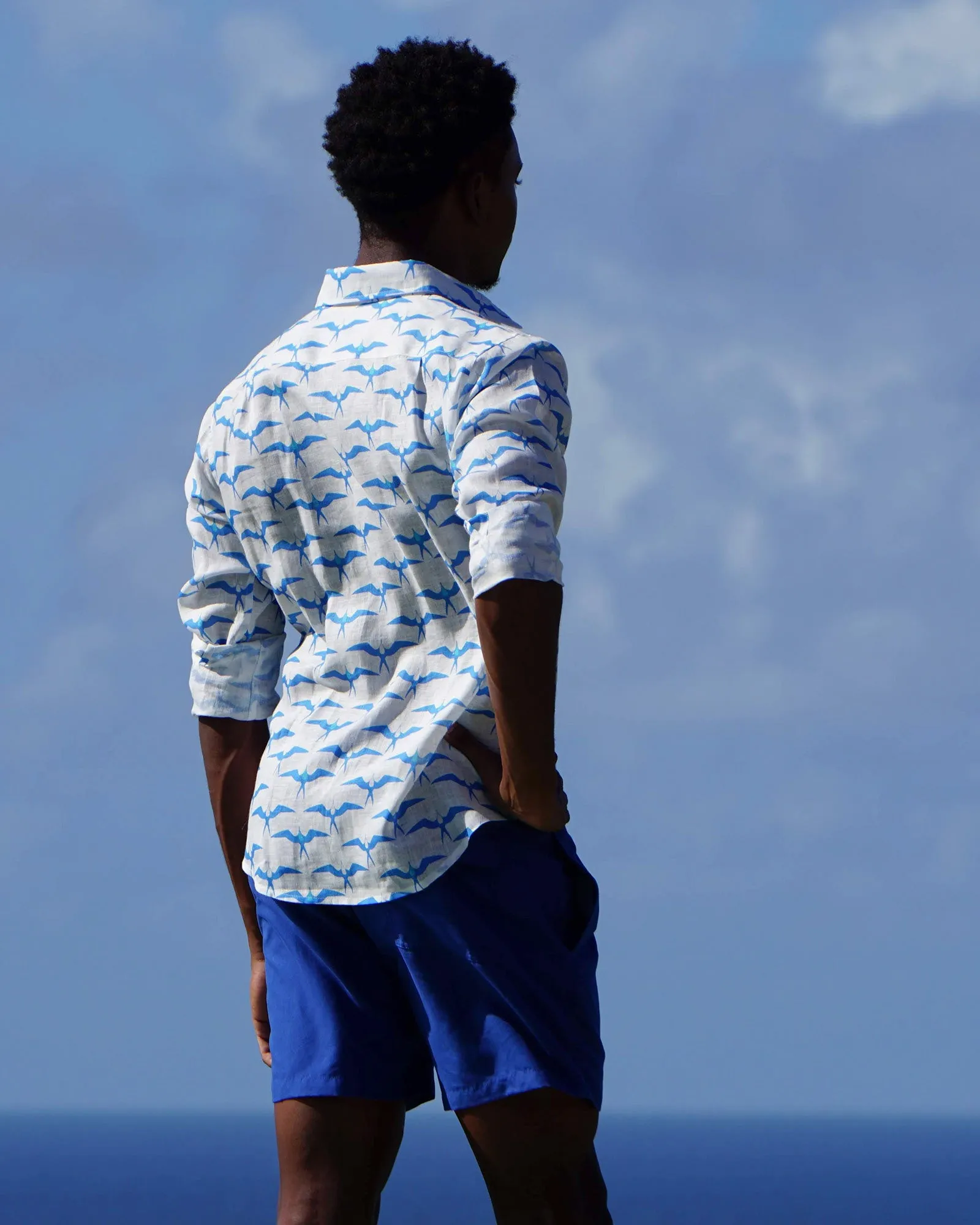 Mens Linen Shirt: FRIGATE BIRD - BLUE / TURQUOISE