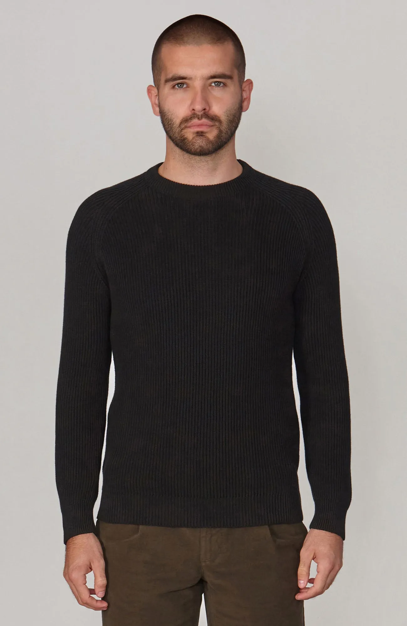 Mens Midweight Cotton Ribbed Crew Neck Jumper