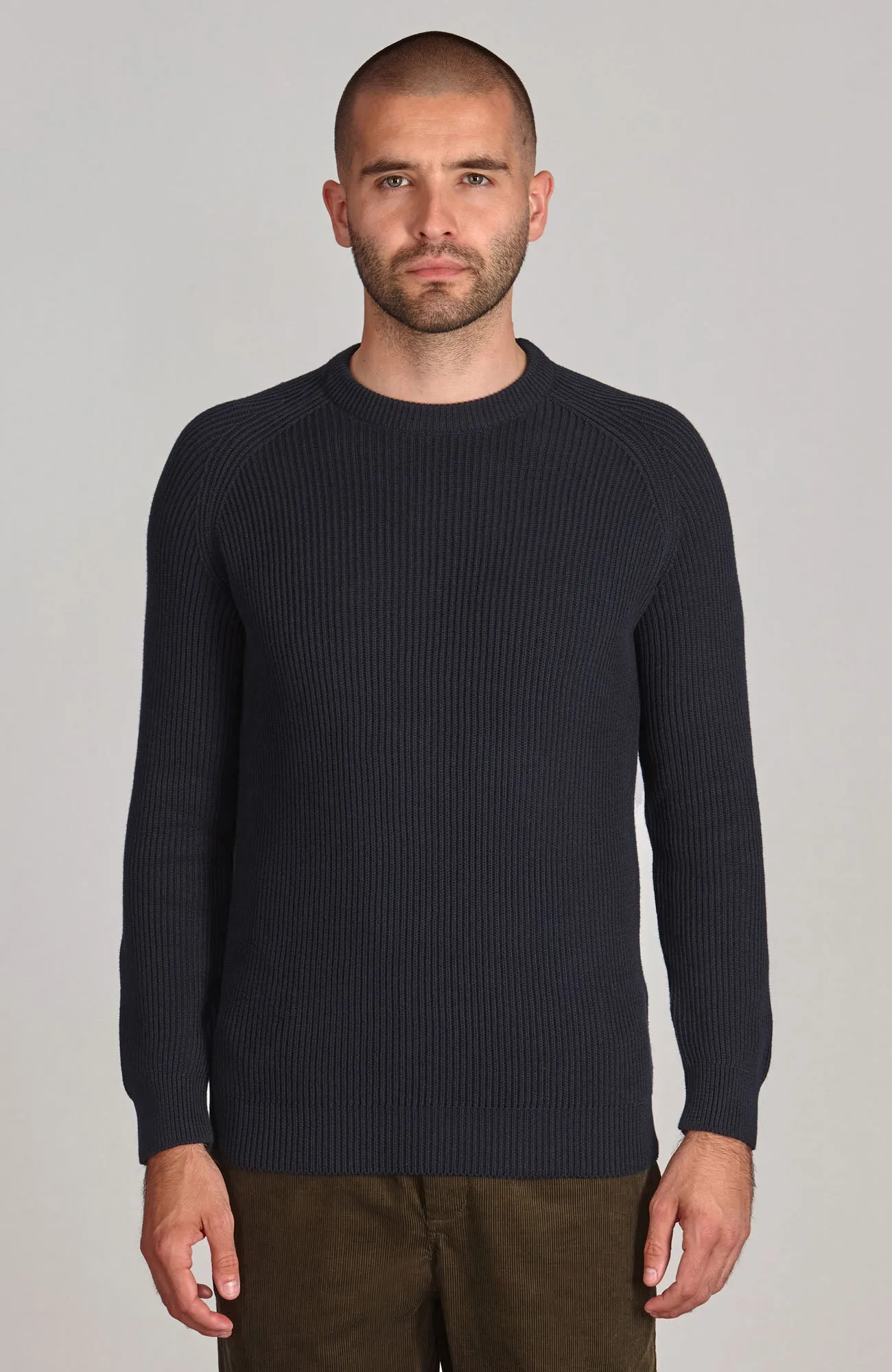 Mens Midweight Cotton Ribbed Crew Neck Jumper