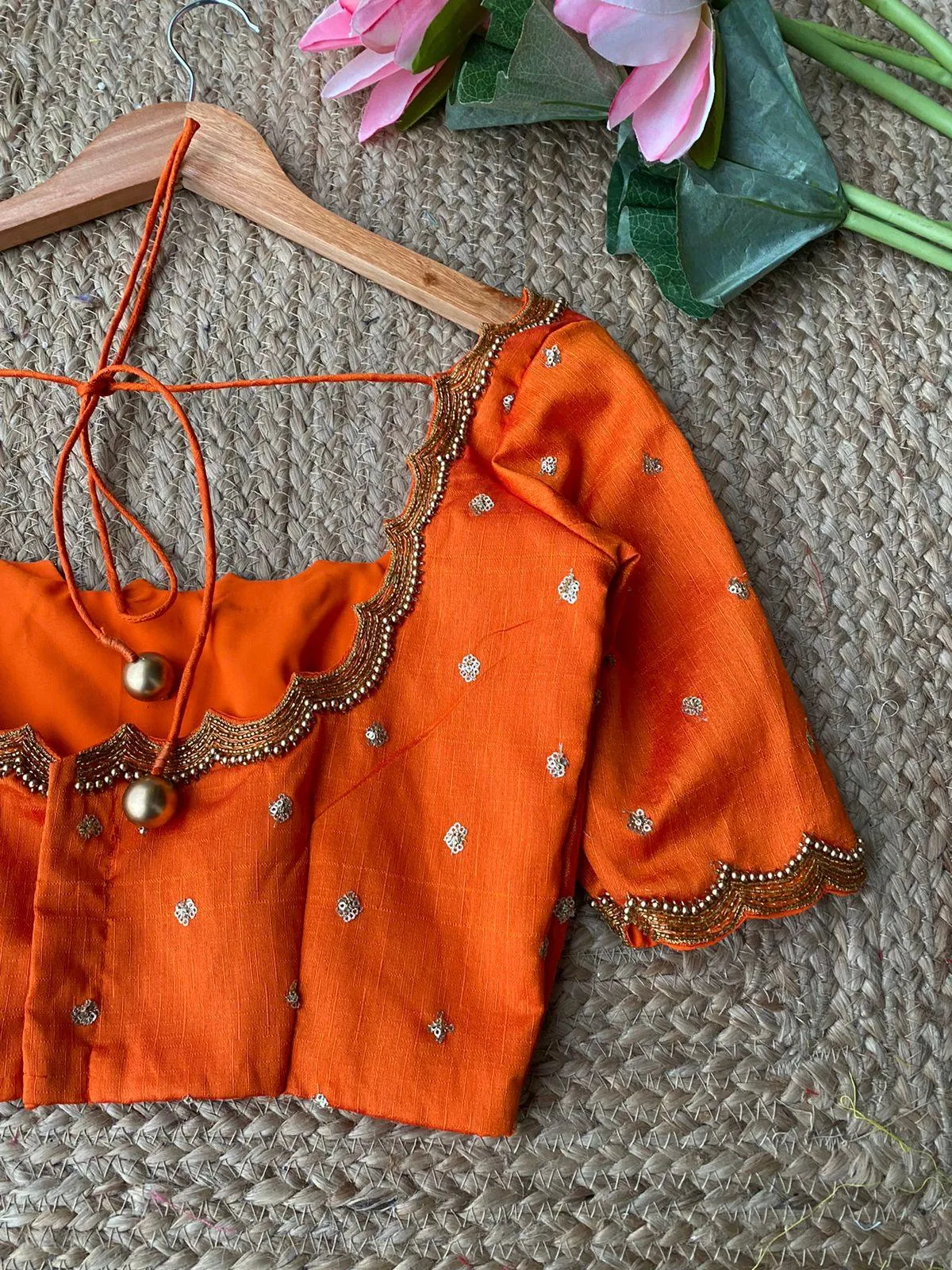 Orange Silk Scallope hand worked blouse