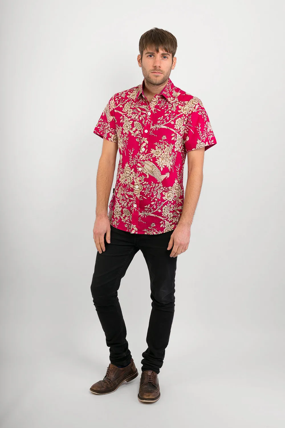 Pink Peacock Flowers Print Cotton Slim Fit Mens Shirt Short Sleeve