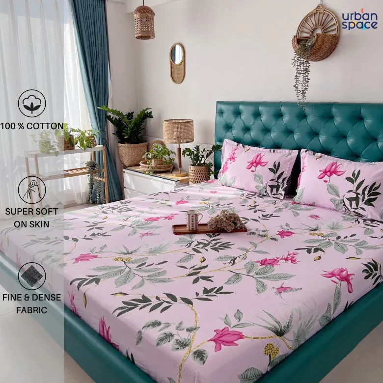 Serene 200 TC 100% Cotton Single Printed Bedsheet with Pillow Covers - Bloom Ray Pink