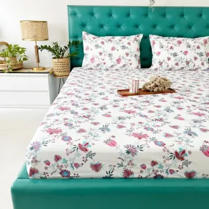 Serene 200 TC 100% Cotton Single Printed Bedsheet with Pillow Covers - Paradise Pink & Blue