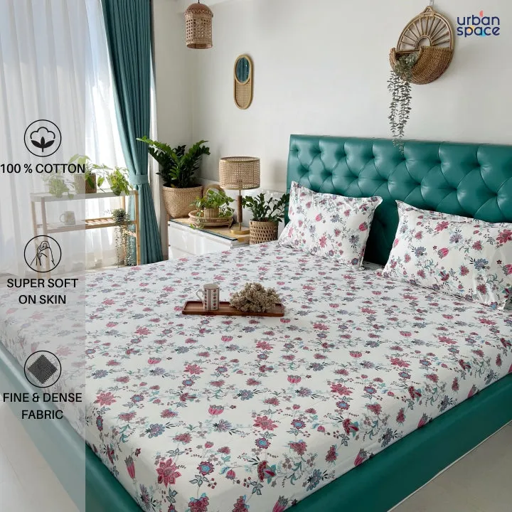 Serene 200 TC 100% Cotton Single Printed Bedsheet with Pillow Covers - Paradise Pink & Blue