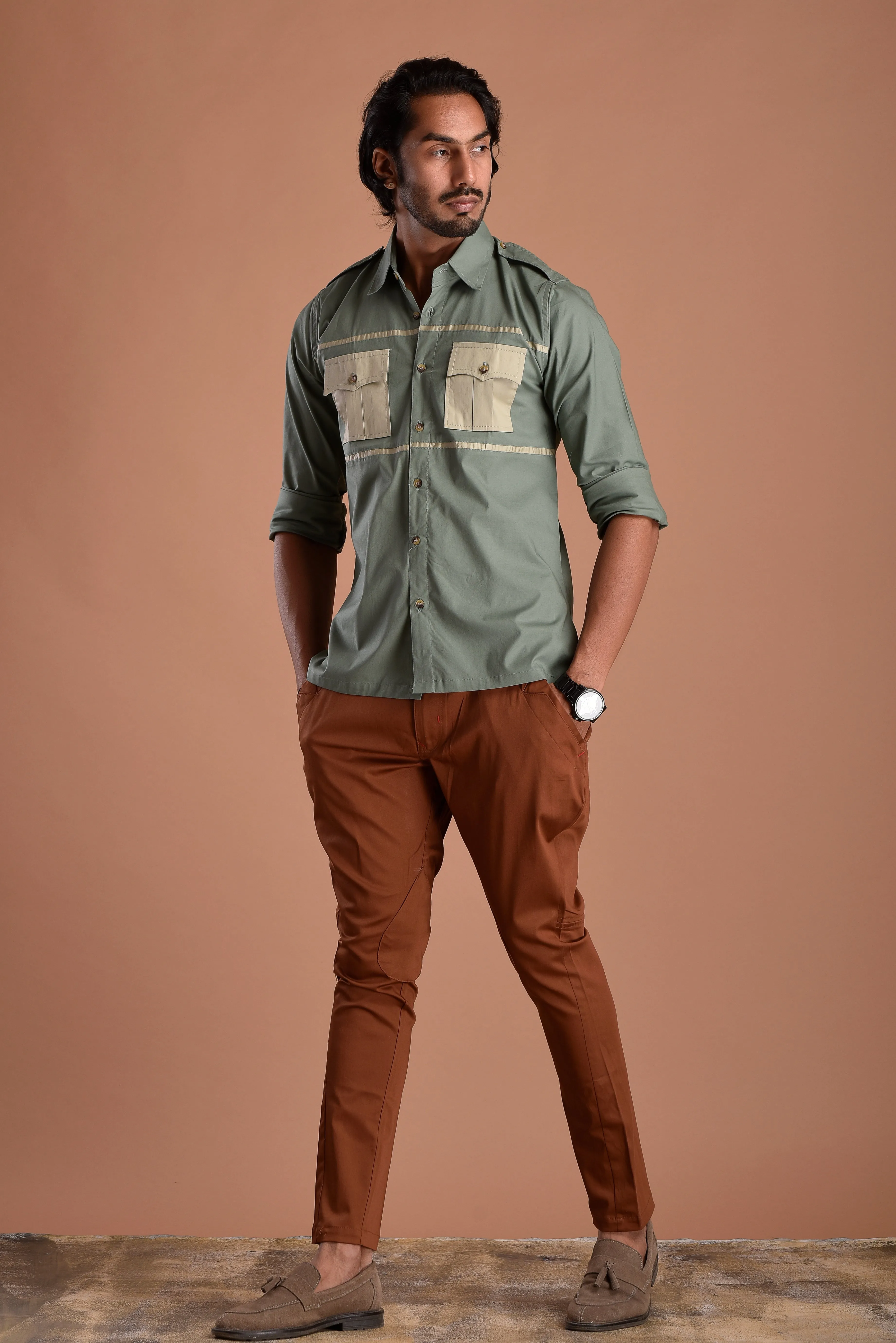 Stylish Basil Green Hunting Style Shirt