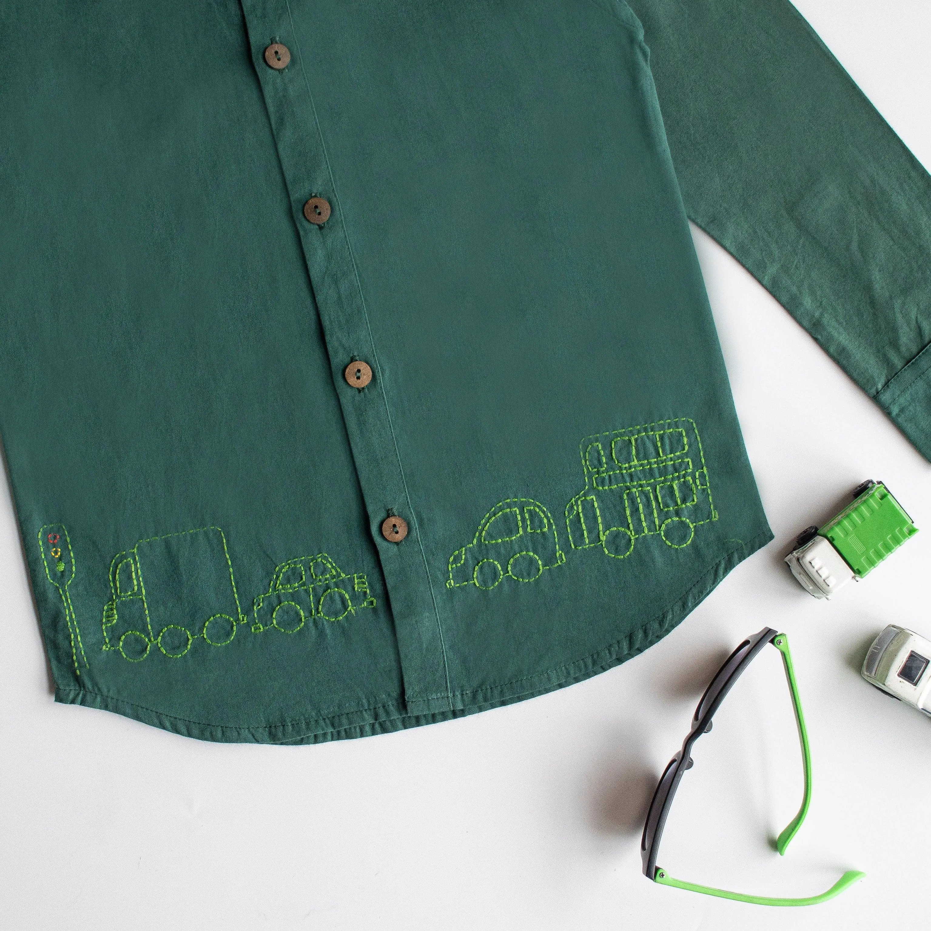 Traffic Embroidered Formal Shirt - Bottle Green