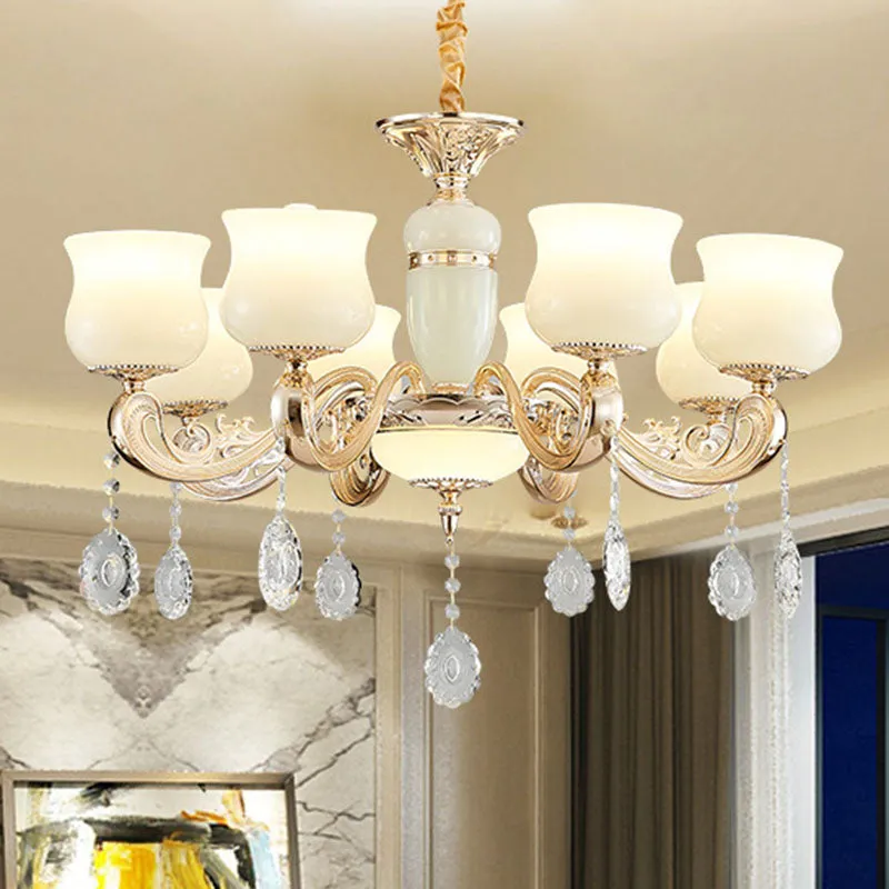 White Faux Jade Urn Pendant Chandelier with Crystal Accent - Modern Hanging Ceiling Light