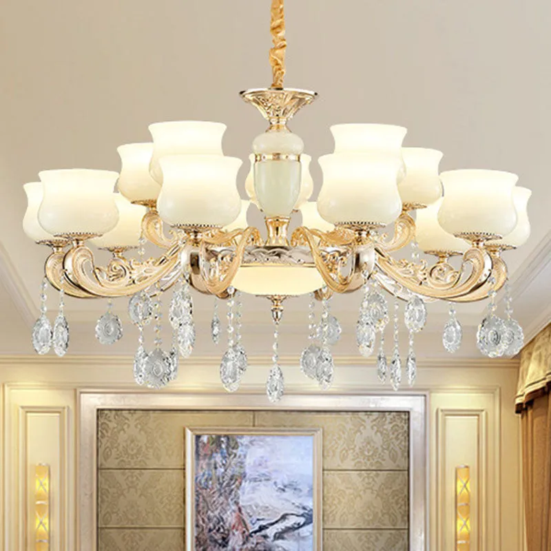 White Faux Jade Urn Pendant Chandelier with Crystal Accent - Modern Hanging Ceiling Light