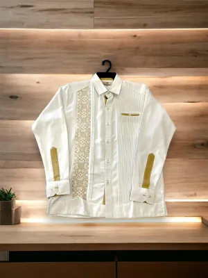 White Linen Guayabera with Cream Embroidery Long Sleeve